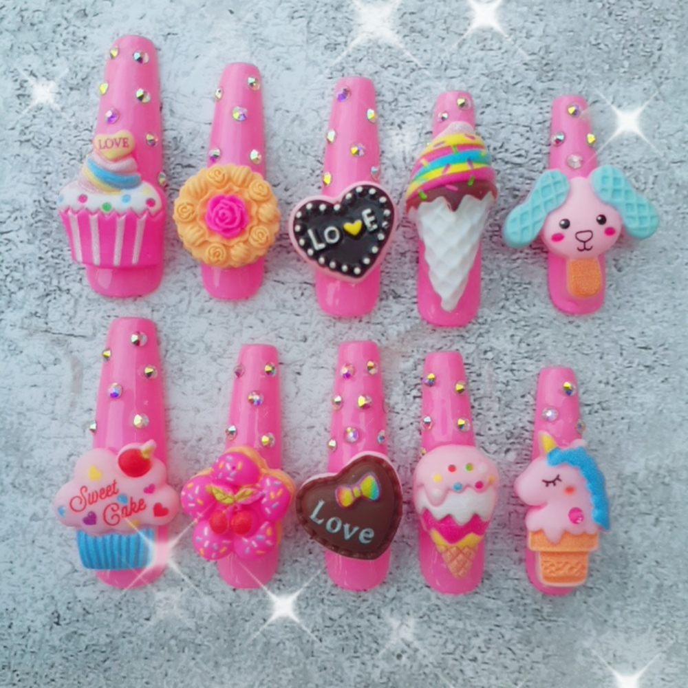 XXL Long Pink Kawaii Sweets Press on Nails